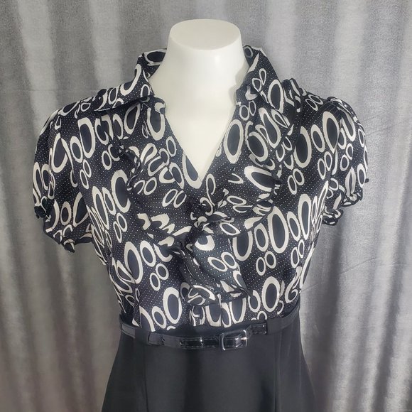 Voir Voir Print Top Black Dress with Belt Size 8 Ruffled Neck Side Zip - Picture 4 of 14